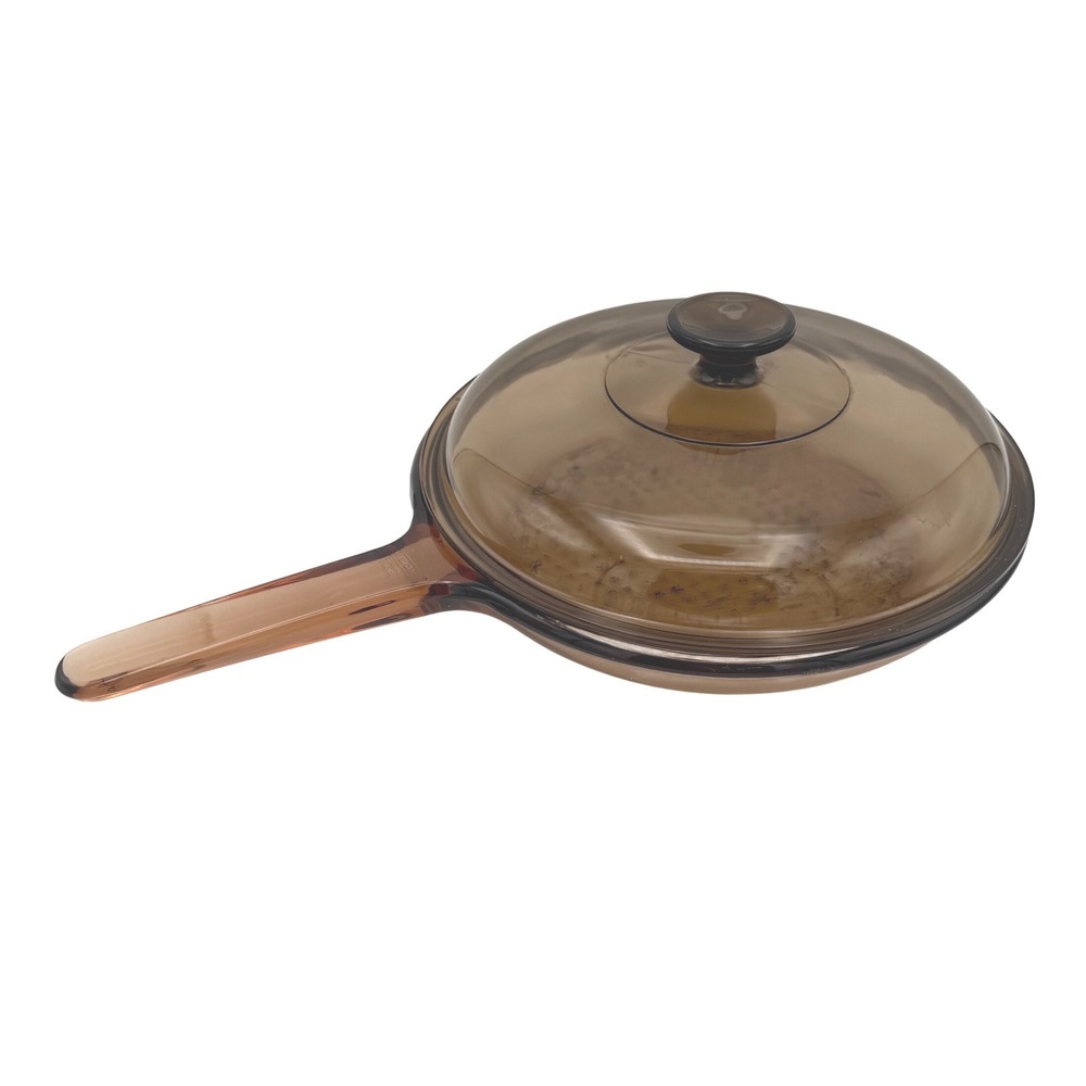 Vtg Vision Corning France Skillet 11" Amber Glass Frying Pan w/Lid V-20-B Waffle